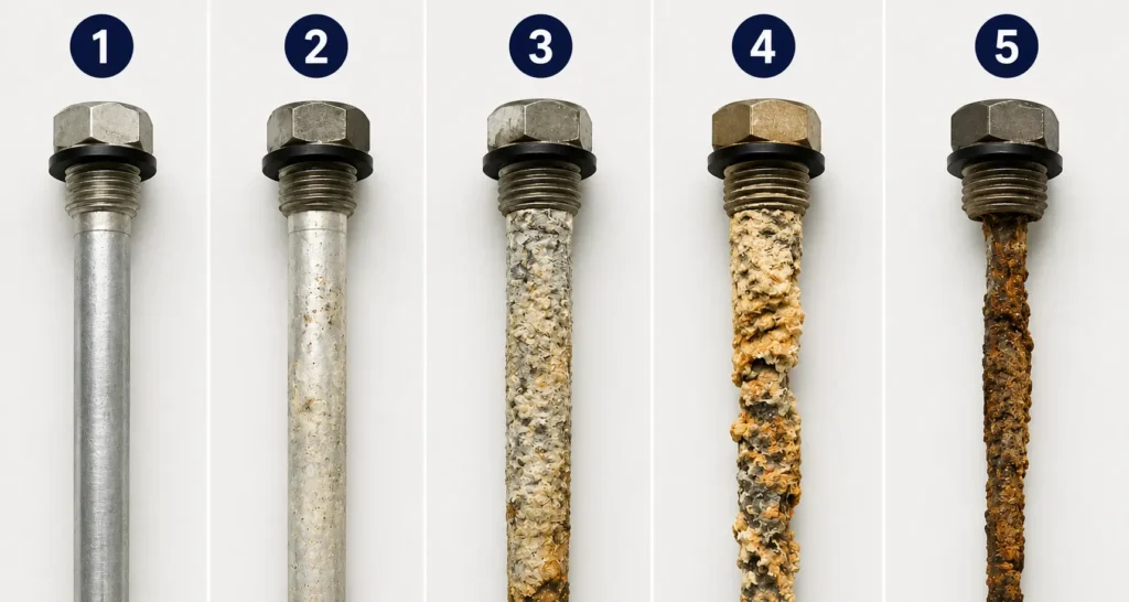 Sacrificial anode rod corrosion stages